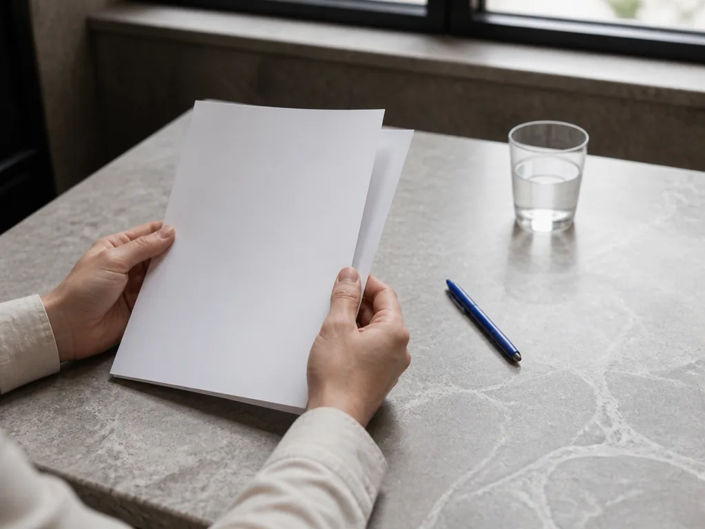 Photorealistic editorial photograph: a curator's hands holding blank paper film summaries on a stone desk, natural windo