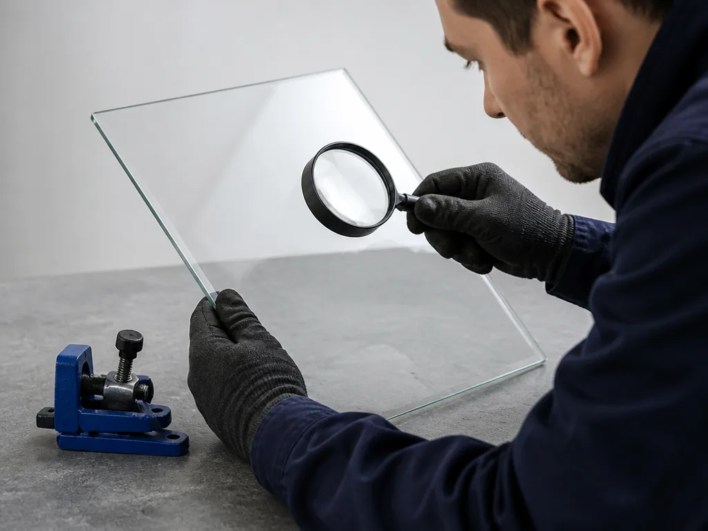 Photorealistic editorial photograph: a person inspecting a blank glass panel with a magnifying glass, workwear sleeves, 