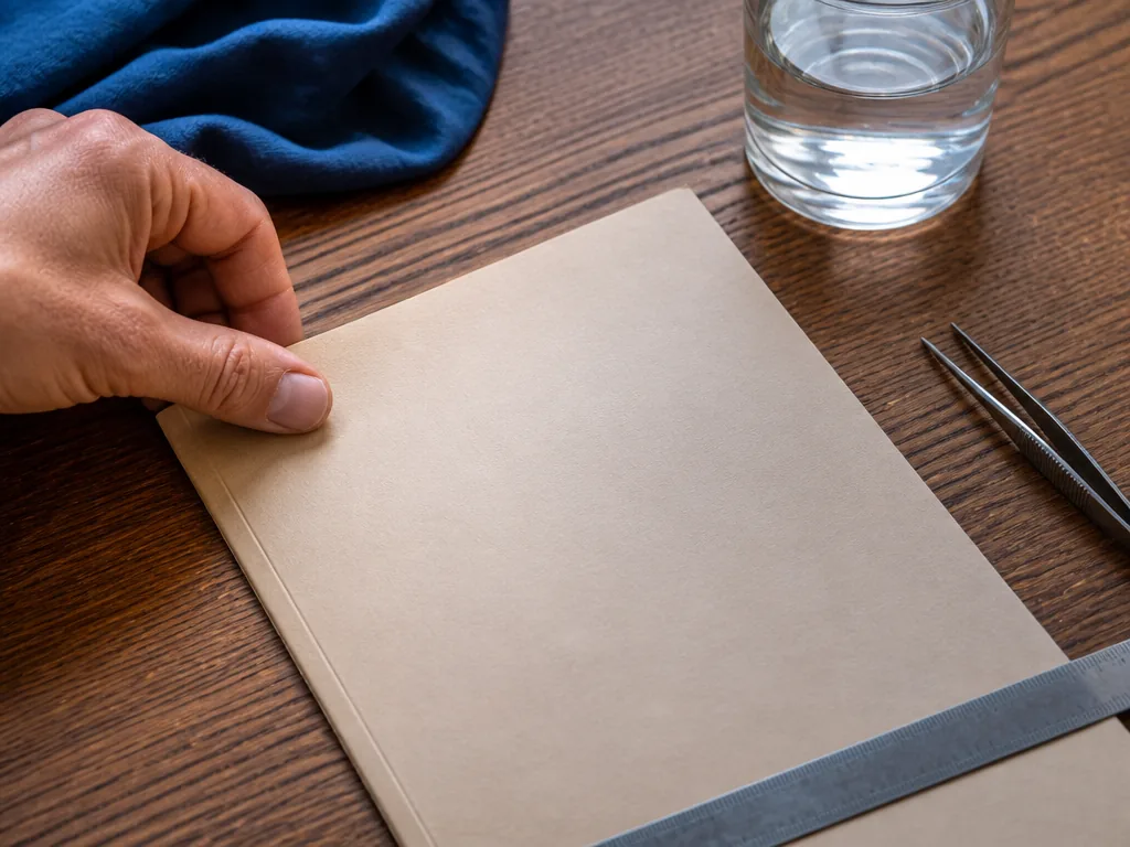 Photorealistic editorial photograph: close-up of a hand adjusting a blank paper guide on a wooden table, tweezers and ru