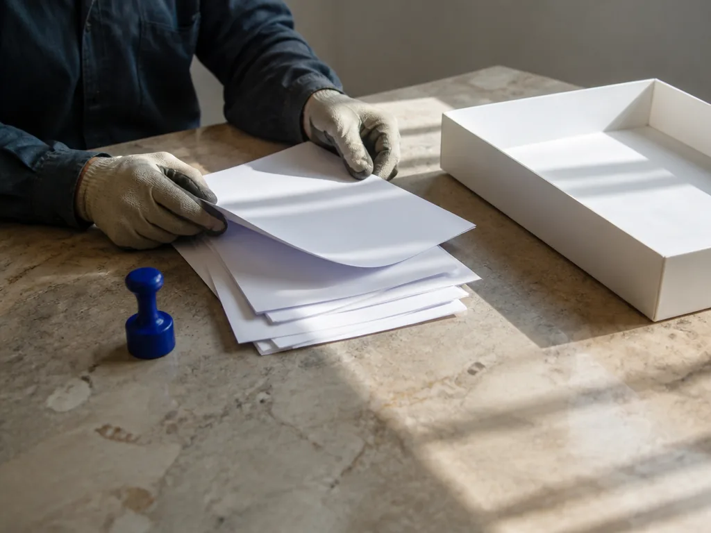 Photorealistic editorial photograph: a person's hands in workwear gloves sorting blank paper documents on a stone table,