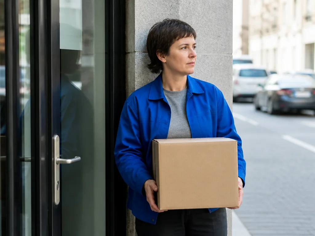 Photorealistic editorial photograph: a person standing beside a glass door overlooking a street, holding a blank cardboa